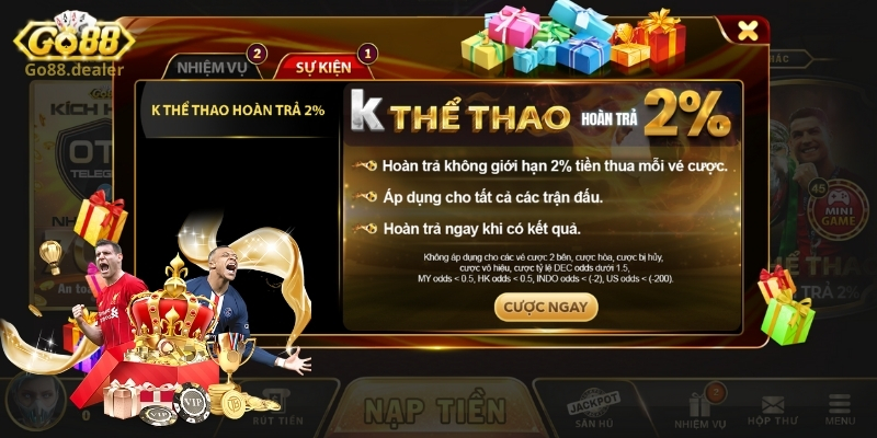 Cá độ mùa Euro không lo thua lỗ với khuyến mãi hoàn cược 2% vé thua 