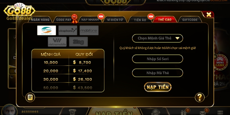 Các bước chuyển tiền Go88 thông qua thẻ cào điện thoại 